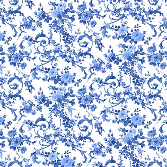 Northcott Blue & White Porcelain Rose Scroll Cotton Fabric